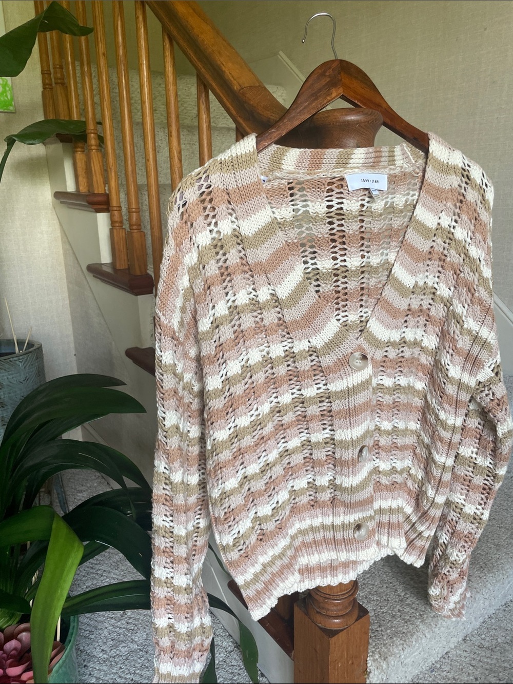 John + Jenn Chunky Open knit Cotton Button-Front Cardigan - Neutral Stripe